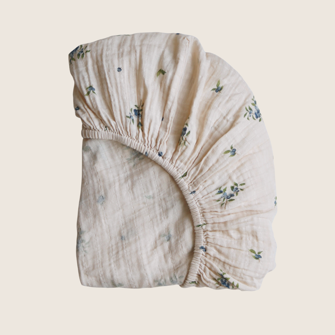 Drap contour couchette de bébé en mousseline de coton biologique - Bleuet
