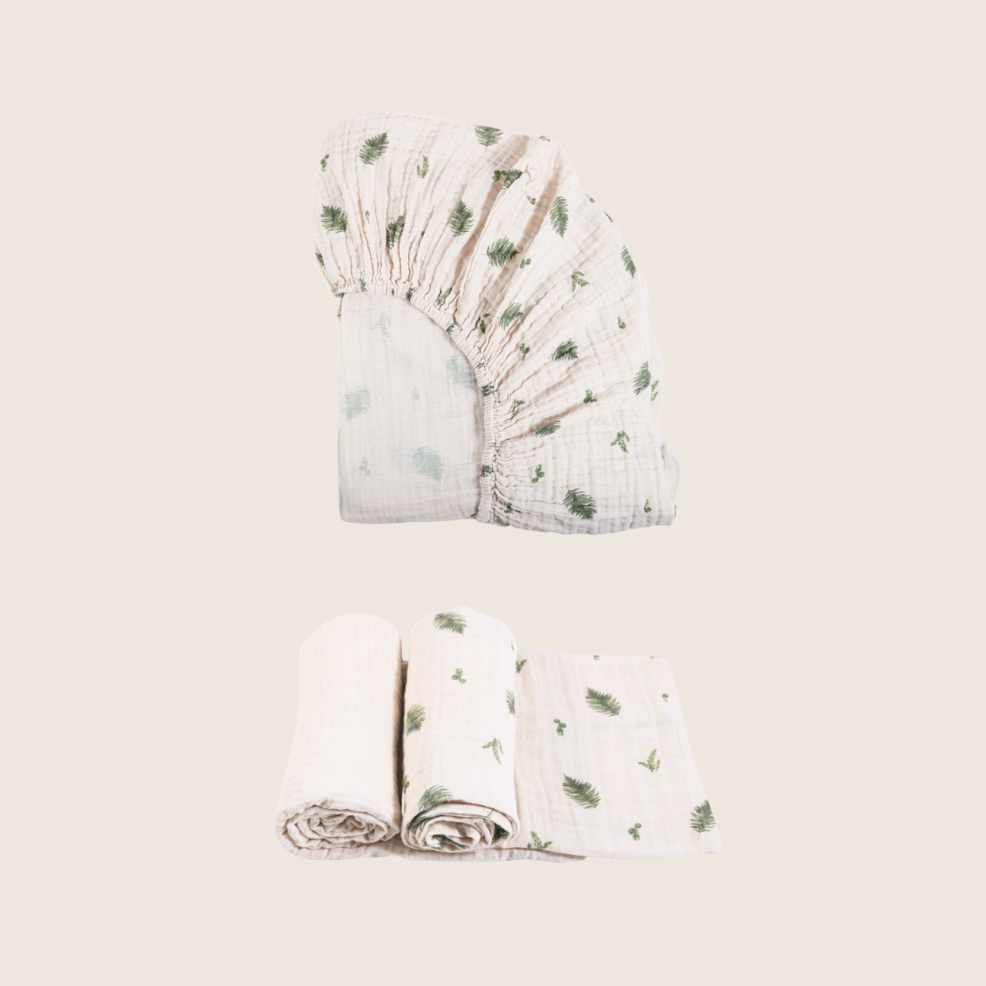 Ensemble bassinette Fougère - Drap contour & couverture d'emmaillotage