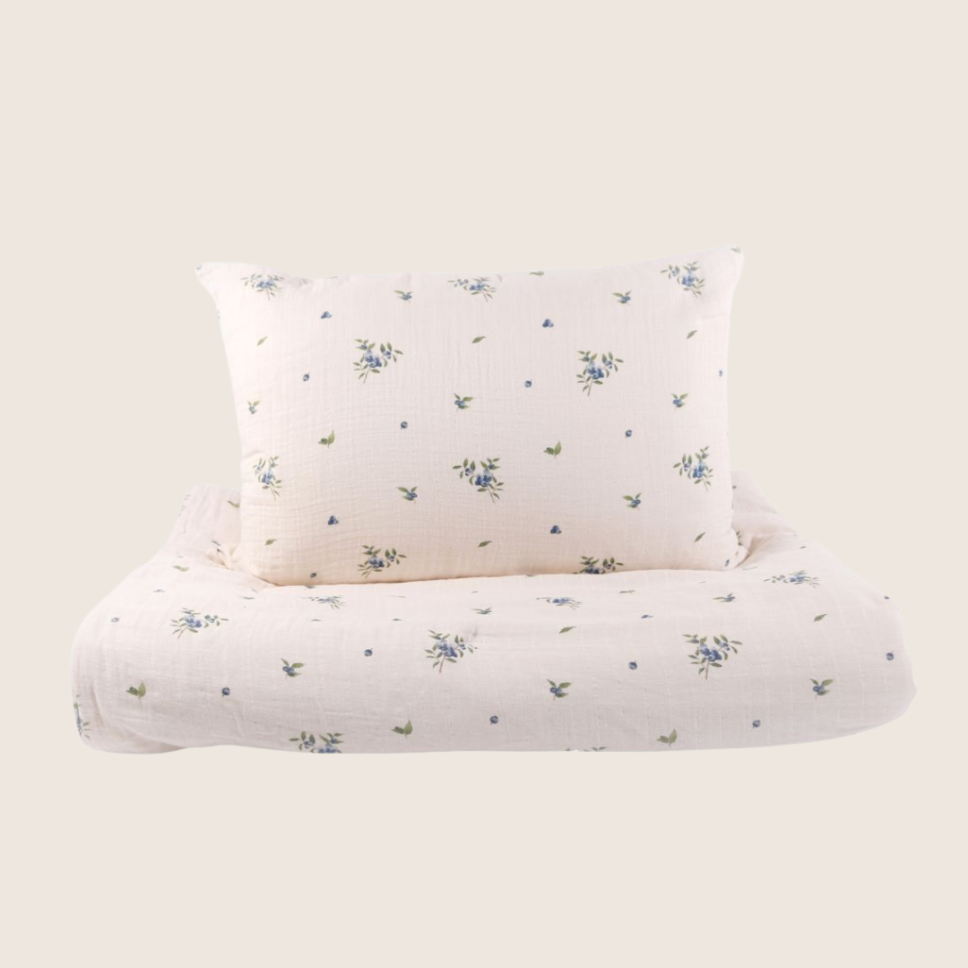 Ensemble douillette + taie d'oreiller est fabriqué en mousseline de coton 100 % biologique certifiée - Bleuet