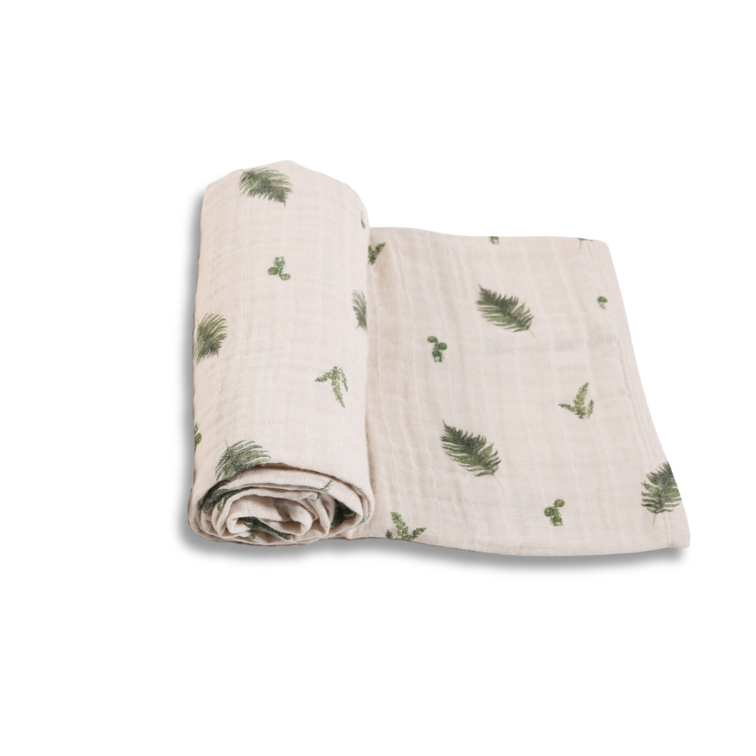 Ensemble trio bassinette Fougère - Drap contour, couverture 4 épaisseurs &amp; d'emmaillotage 